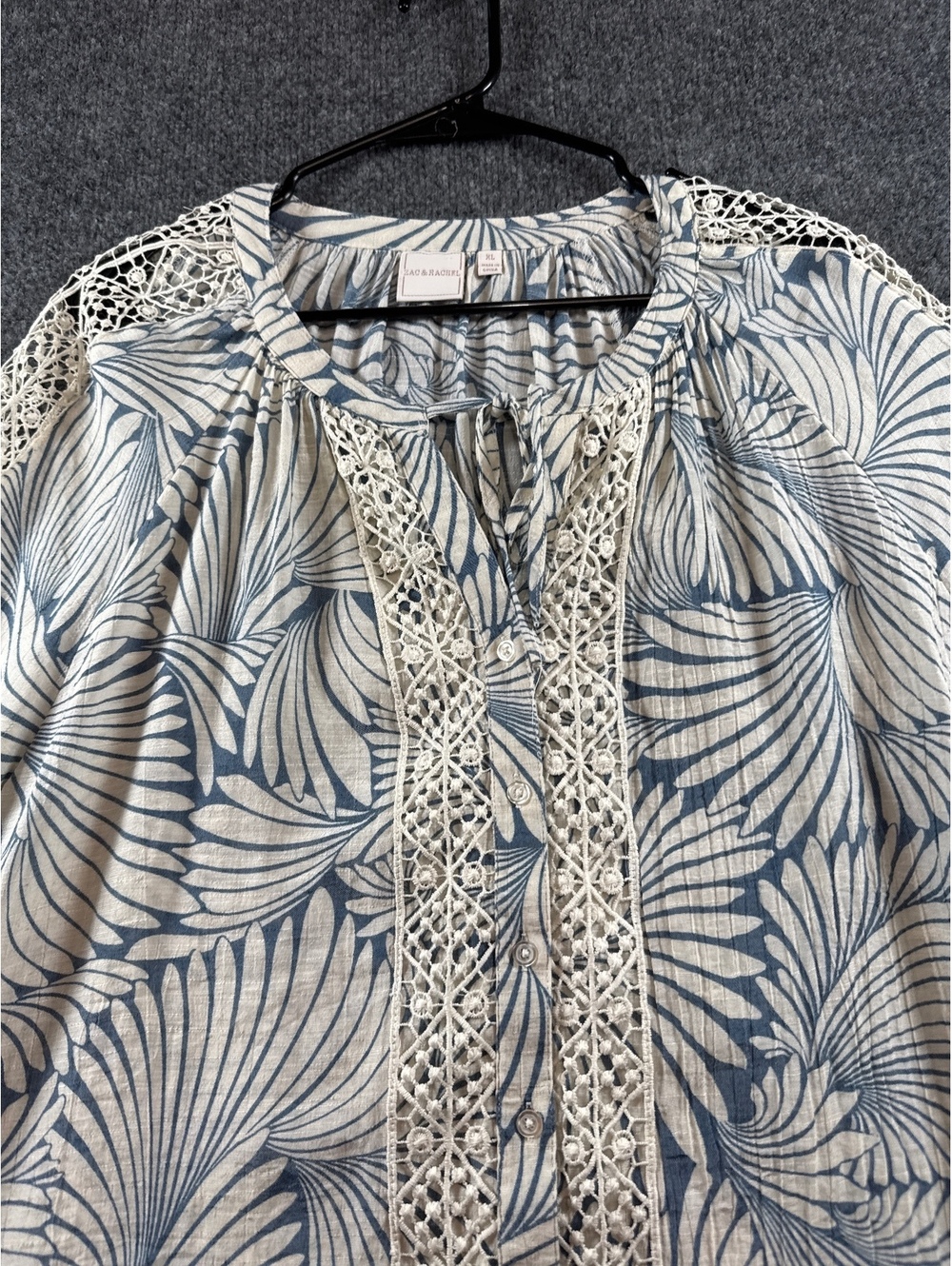 Zac & Rachel Womens XL Blue White Palm Leaf Blouse Crochet Lace Boho Top